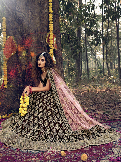 Maroon  Semi Stitched Lehenga With  Unstitched Blouse With Mirror Work