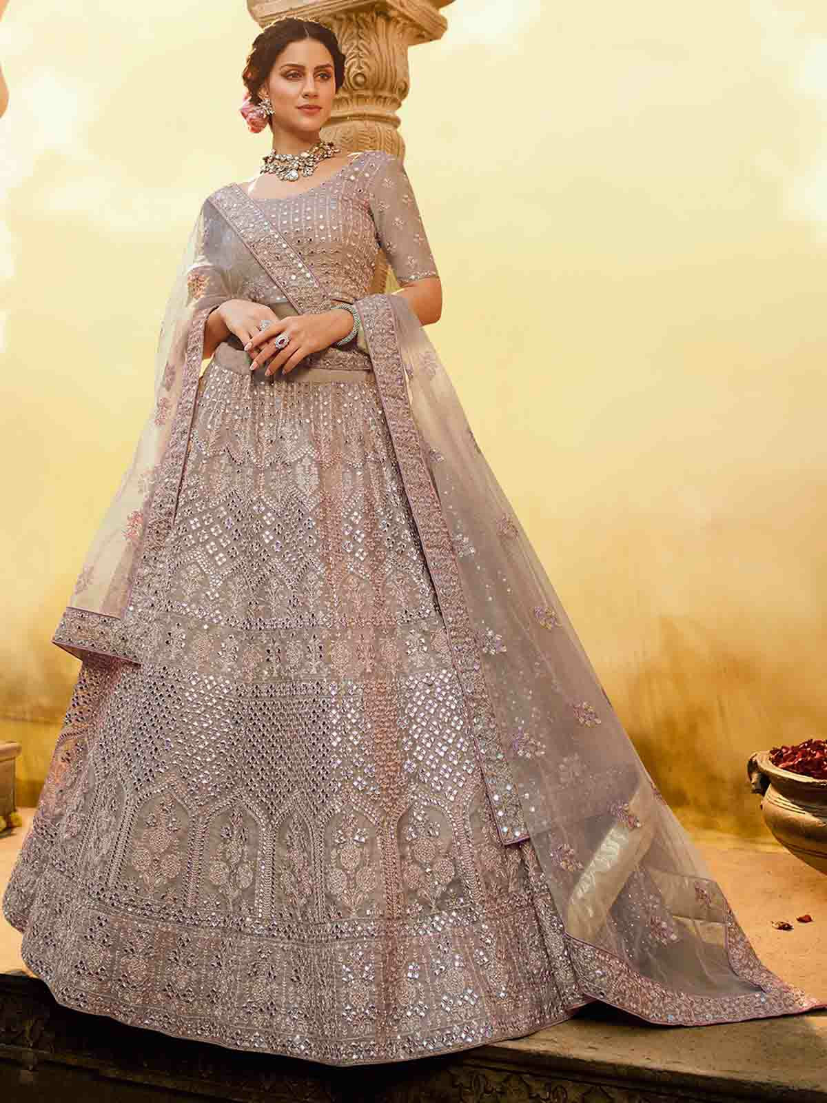 Beige Embroidered Butter Crepe Semi Stitched Lehenga With Unstitched Blouse