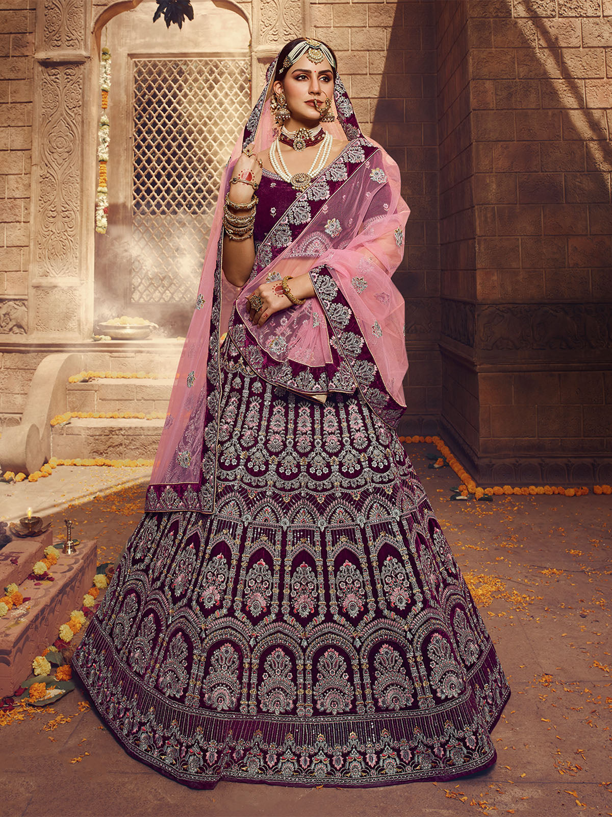 Violet Embroidered Velvet Semi Stitched Lehenga With Unstitched Blouse