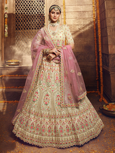 White Embroidered Organza Semi Stitched Lehenga With Unstitched Blouse