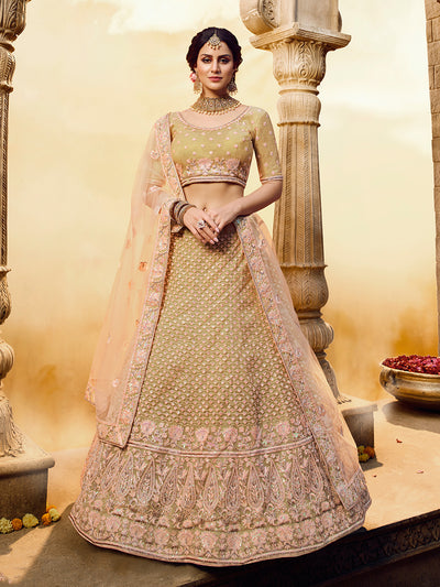 Gold Embroidered Soft Net Semi Stitched Lehenga With Unstitched Blouse