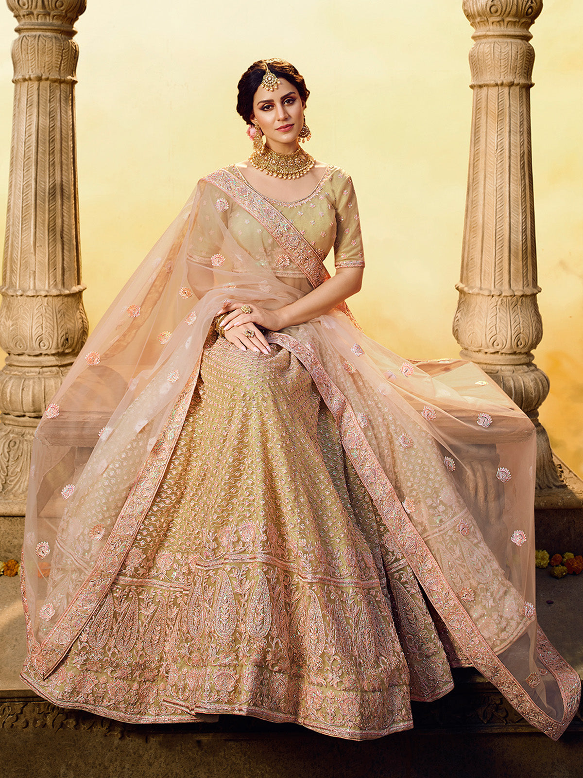 Gold Embroidered Soft Net Semi Stitched Lehenga With Unstitched Blouse
