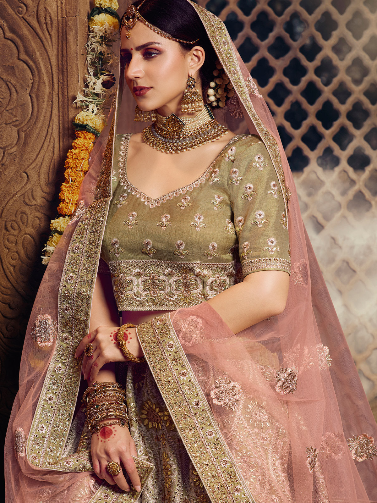 Olive Embroidered Soft Net Semi Stitched Lehenga With Unstitched Blouse