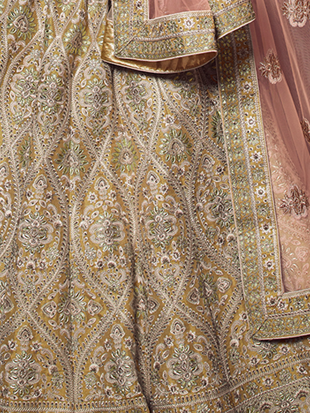 Olive Embroidered Soft Net Semi Stitched Lehenga With Unstitched Blouse