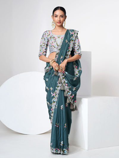 Blue Organza Saree With Unstitched Blouse