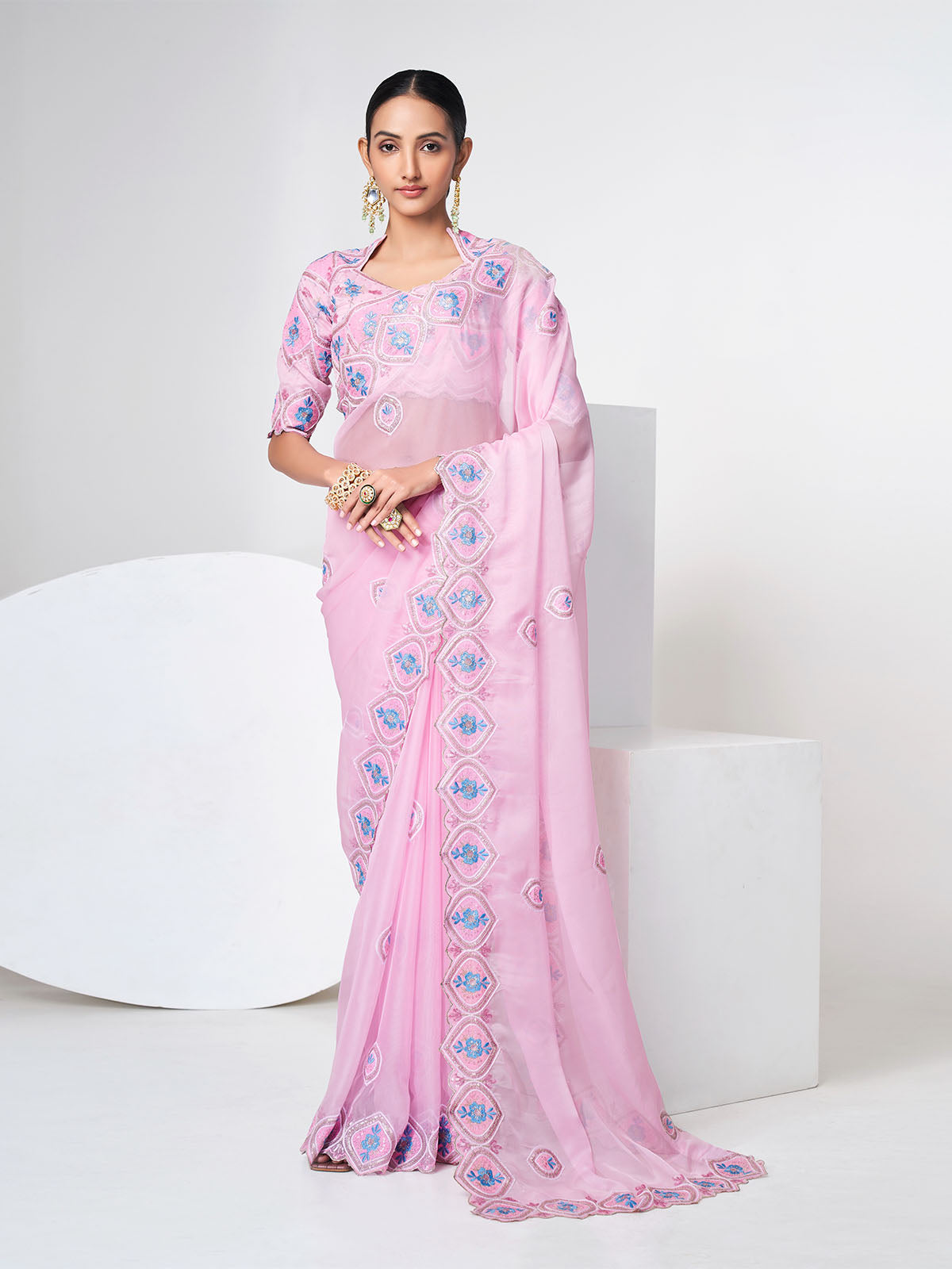 Pink Organza Saree With Unstitched Blouse
