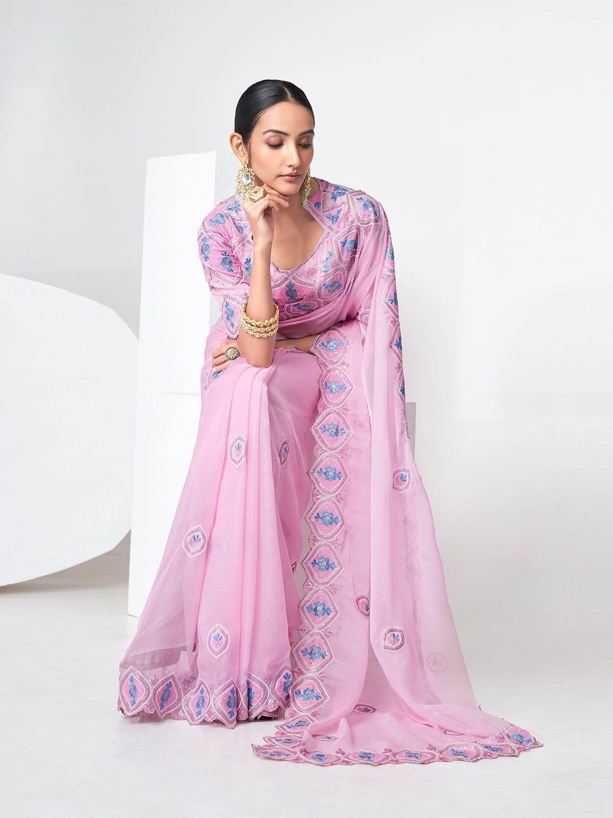 Pink Organza Saree With Unstitched Blouse