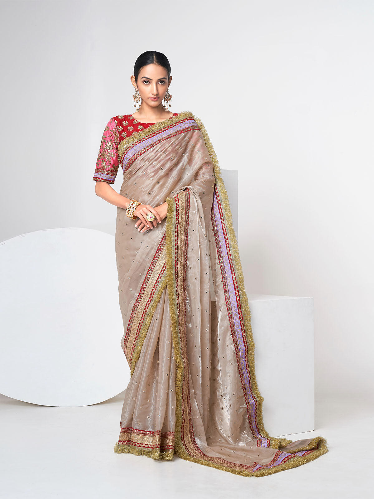 Beige Organza Saree With Unstitched Blouse