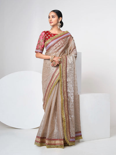 Beige Organza Saree With Unstitched Blouse