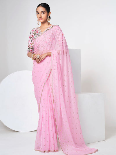 Odette Women Pink Organza Saree With Unstitched Blouse