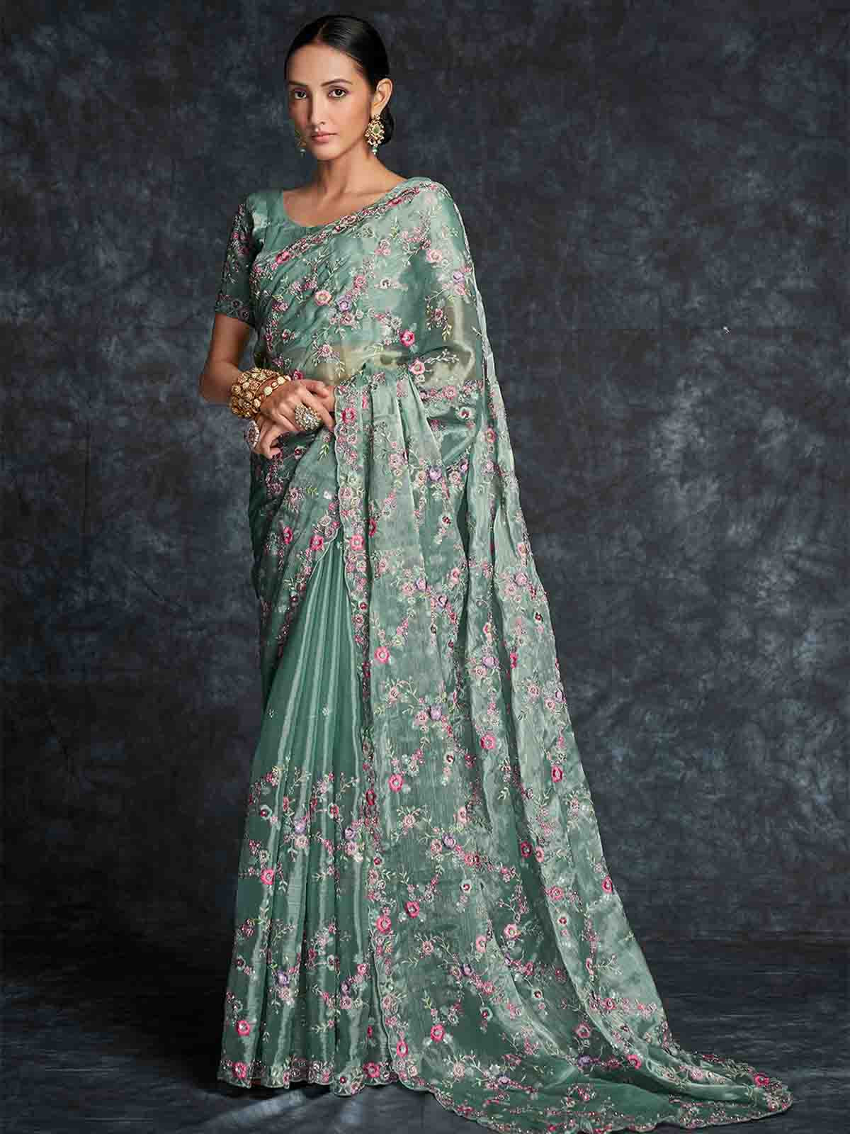 Odette Women Green Organza Embroidered Saree With Unstitched Blouse