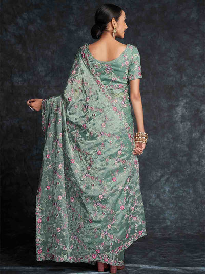 Odette Women Green Organza Embroidered Saree With Unstitched Blouse