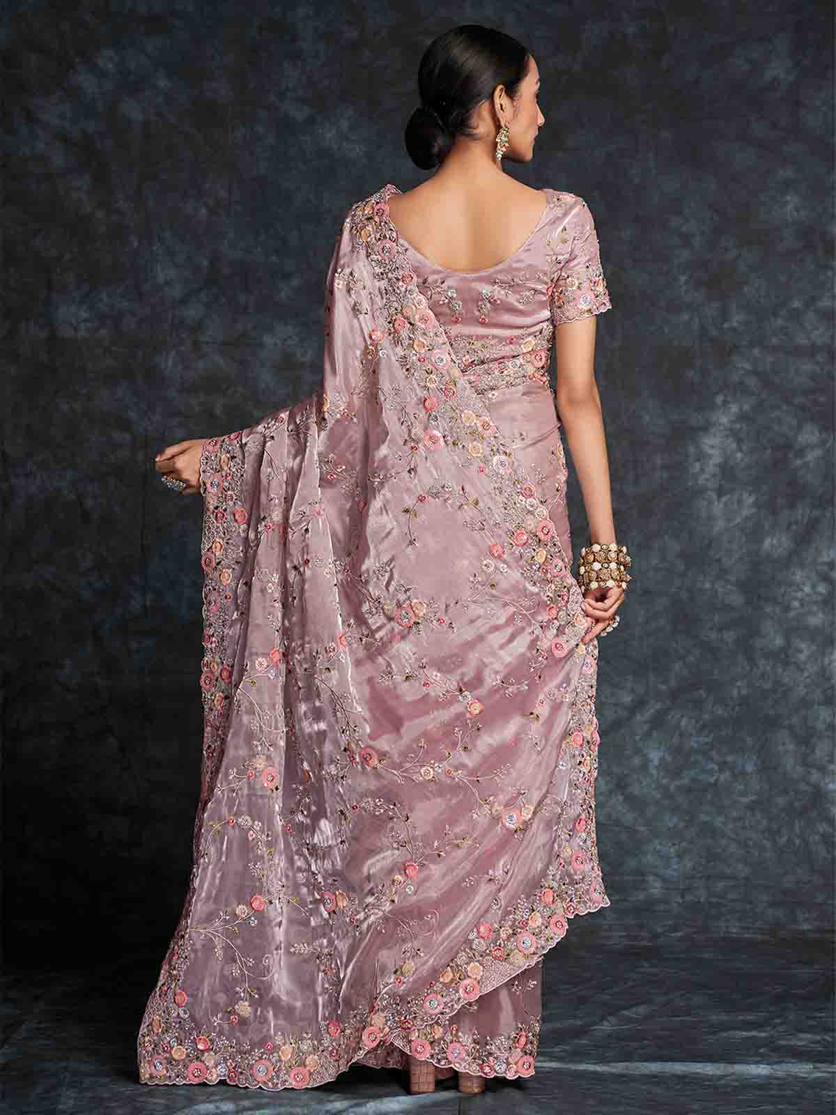 Odette Women Pink Organza Embroidered Saree With Unstitched Blouse