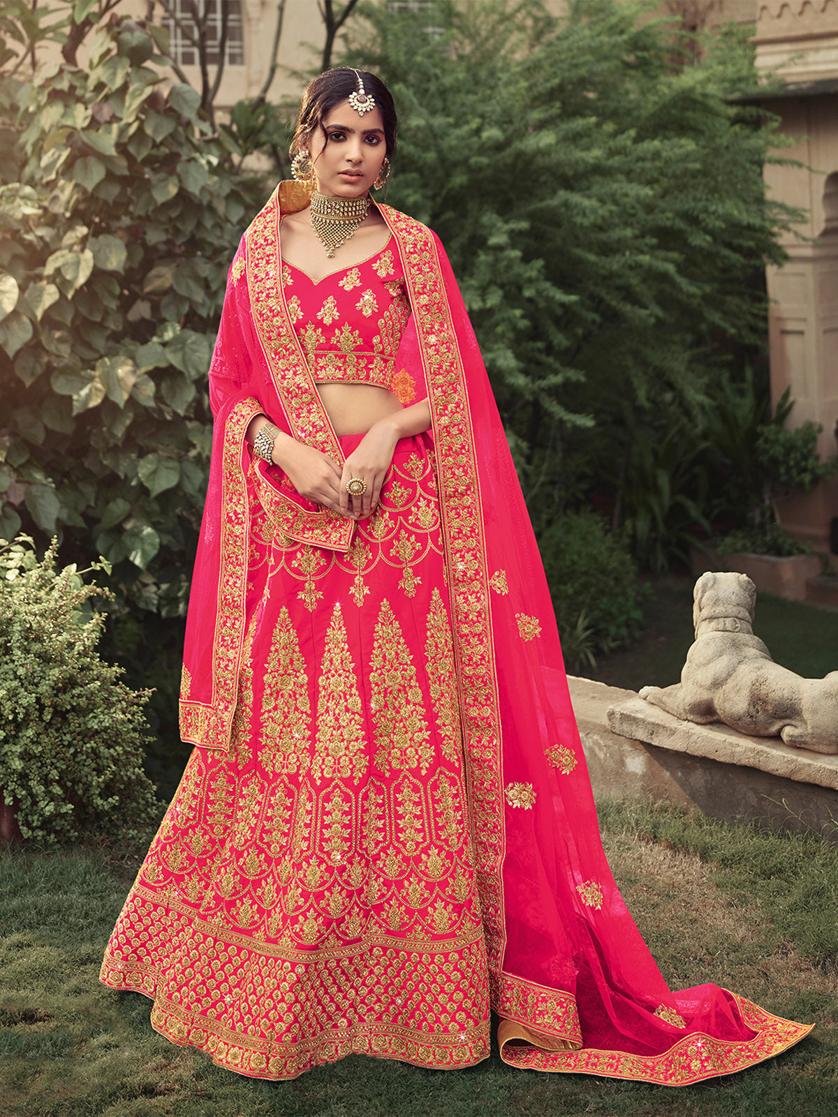 Red Designer Semi Stitched Lehenga With Unstitched Blouse