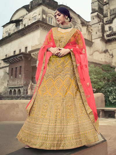 Yellow Embroidered Semi Stitched Lehenga With Unstitched Blouse