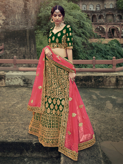 Dark Green Embroidered Semi Stitched Lehenga With Unstitched Blouse