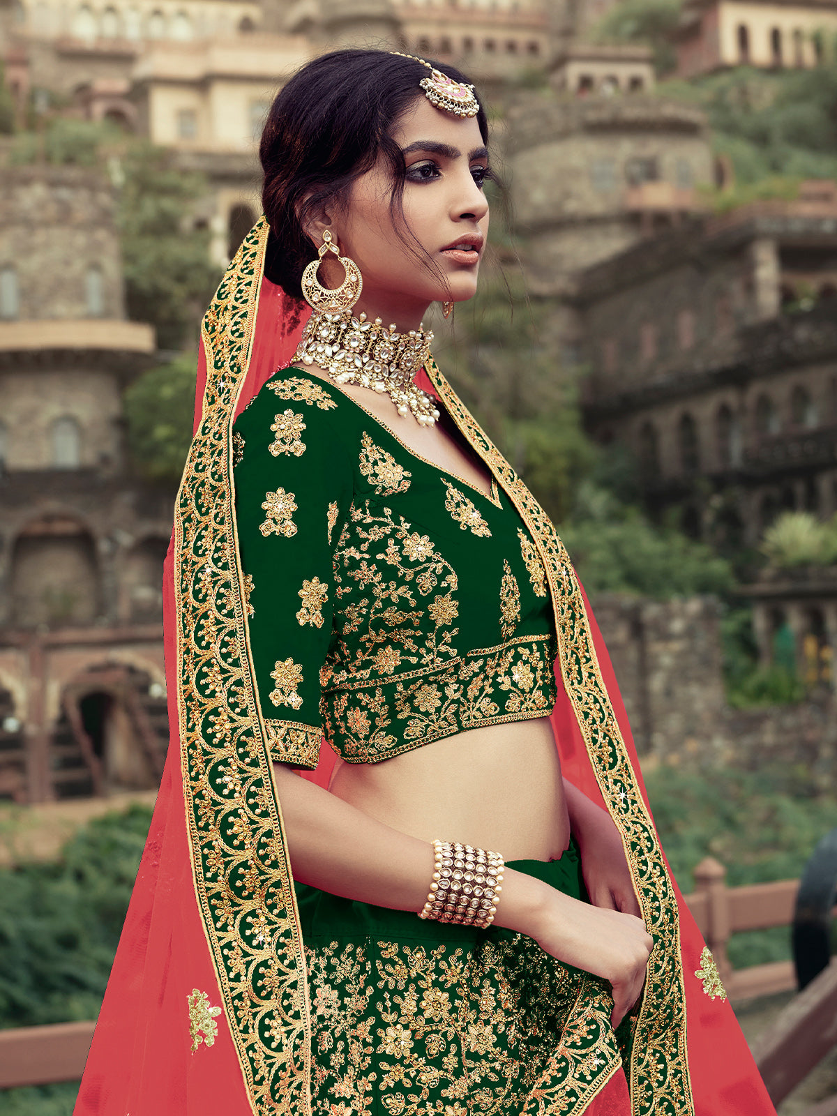 Dark Green Embroidered Semi Stitched Lehenga With Unstitched Blouse