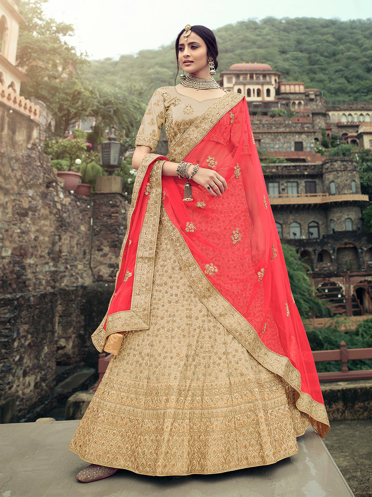 Beige Embroidered Semi Stitched Lehenga With Unstitched Blouse