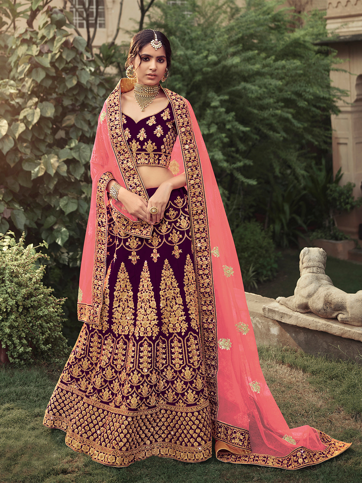 Purple Semi Stitched Embroidered Lehenga With Unstitched Blouse