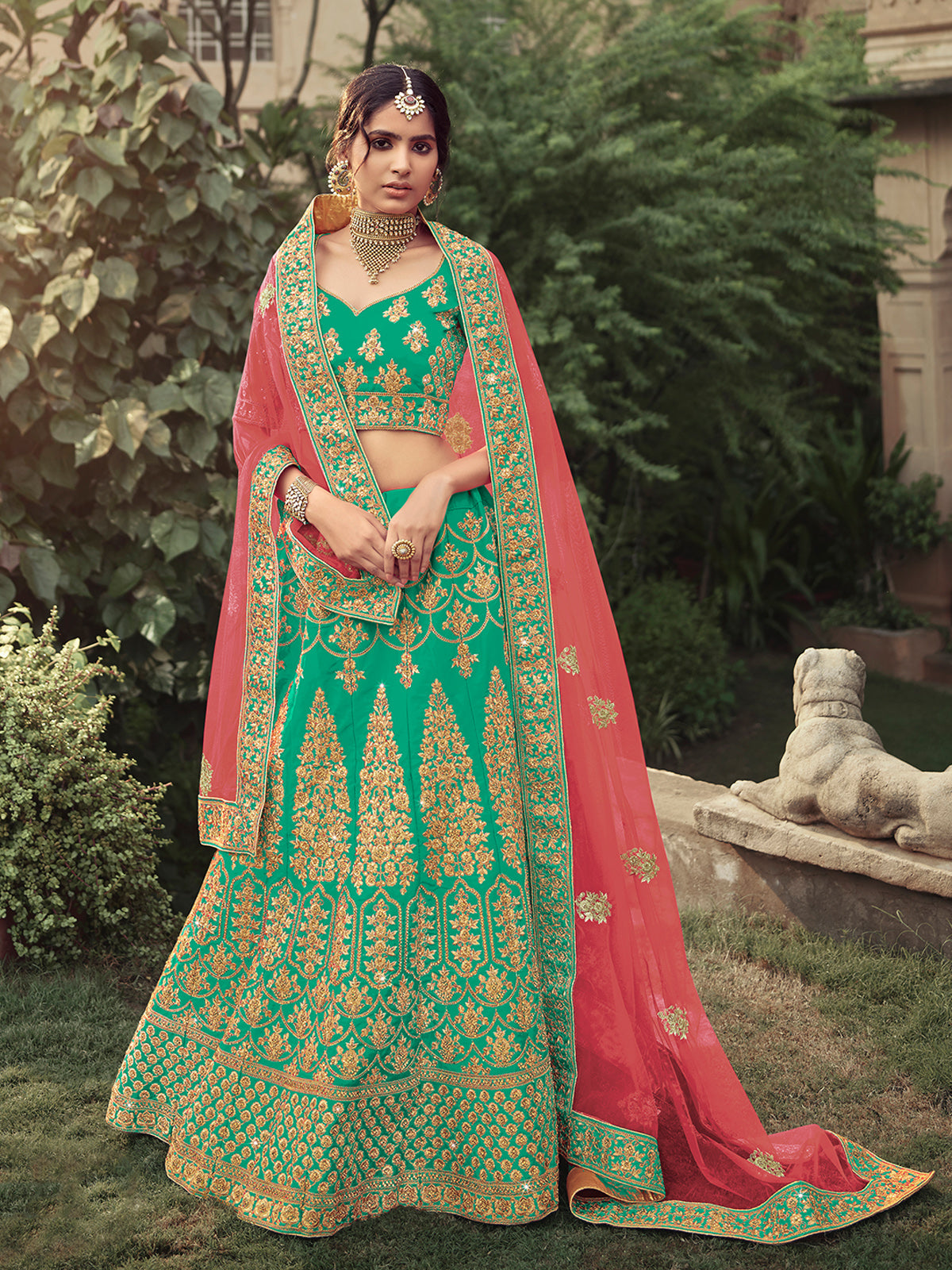 Green Embroidered Semi Stitched Lehenga With Unstitched Blouse
