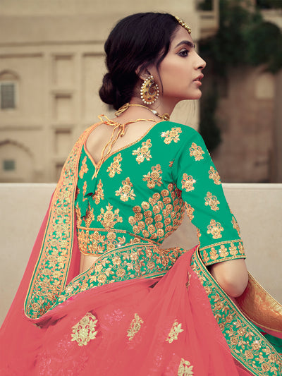 Green Embroidered Semi Stitched Lehenga With Unstitched Blouse
