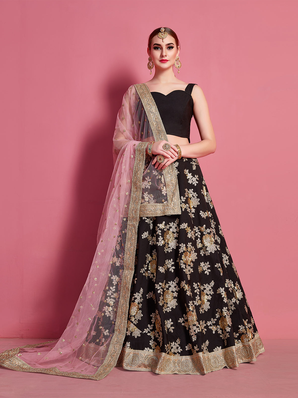 Black Embroidered Semi Stitched Lehenga With Unstitched Blouse