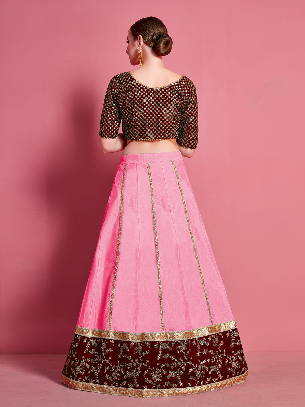 Pink Embroidered Semi Stitched Lehenga With Unstitched Blouse