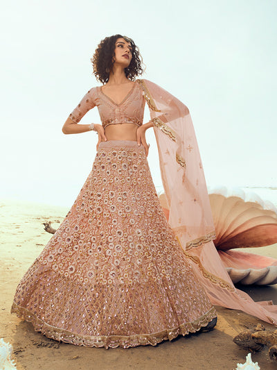 Peach Classy Semi Stitched Lehenga With  Unstitched Blouse