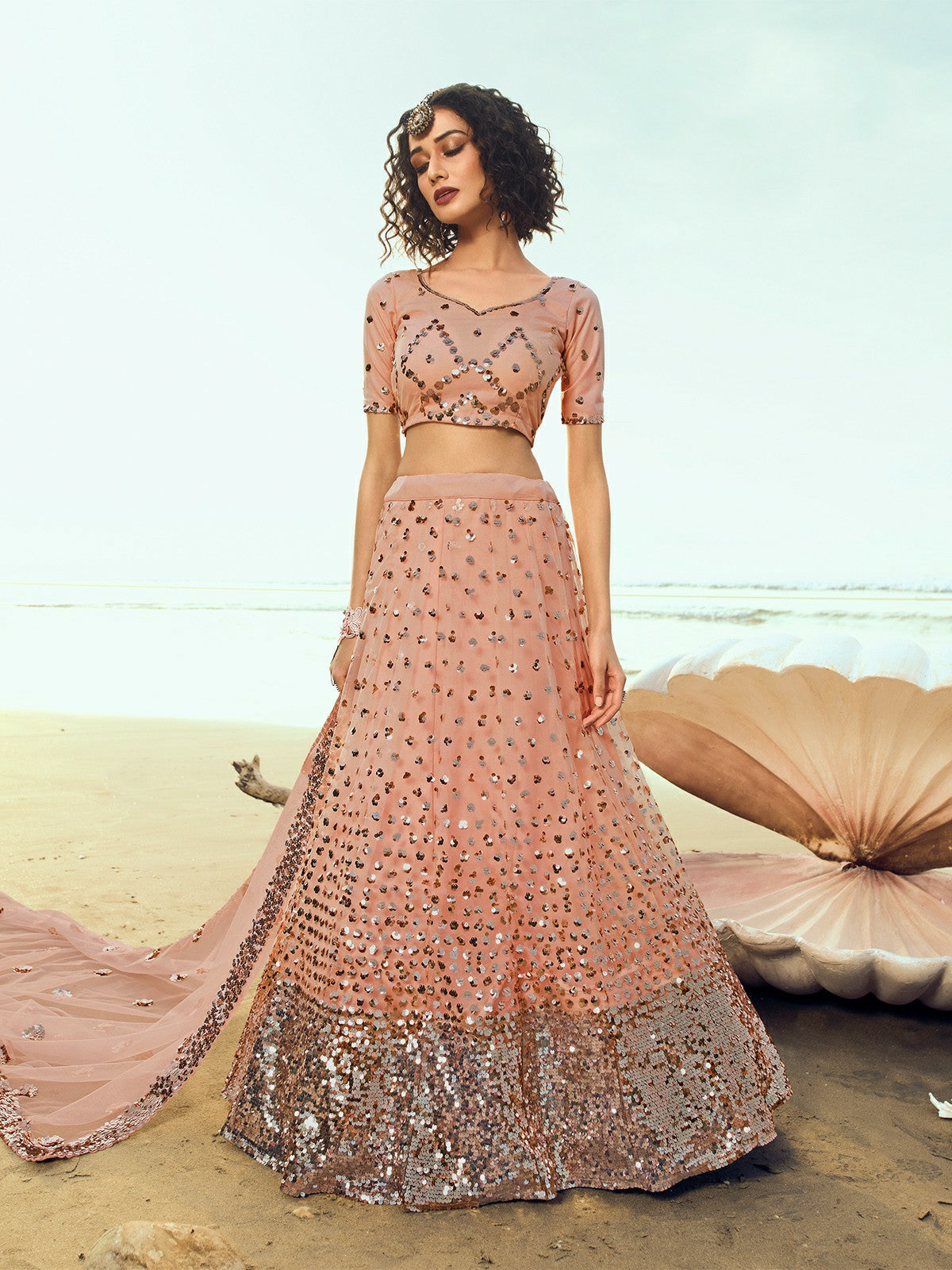 Peach Classy Semi Stitched Lehenga With  Unstitched Blouse