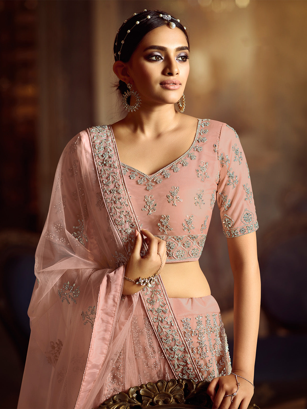 Peach Embroidered Soft Net Semi Stitched Lehenga With Unstitched Blouse