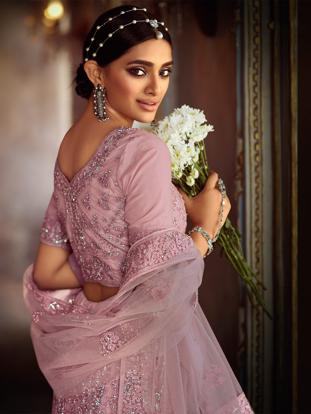 Pink Embroidered Soft Net Semi Stitched Lehenga With Unstitched Blouse
