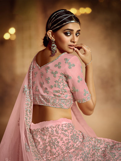 Pink Embroiedered Semi Stitched Lehenga With Unstitched Blouse