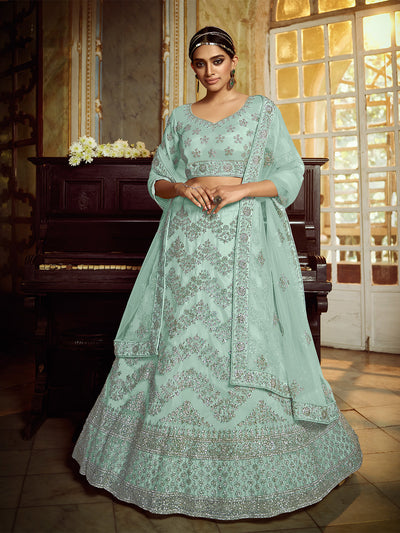 Sea Green Soft Net Embroidered Semi Stitched Lehenga With Unstitched Blouse