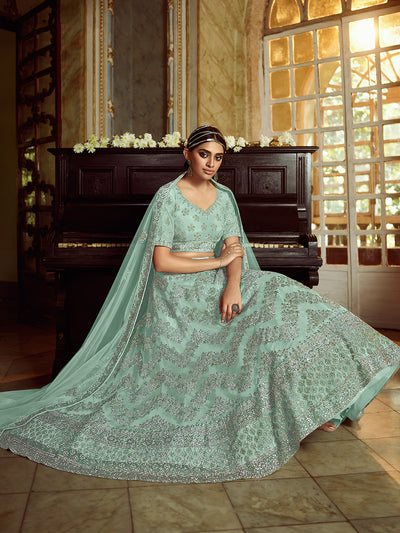 Sea Green Soft Net Embroidered Semi Stitched Lehenga With Unstitched Blouse