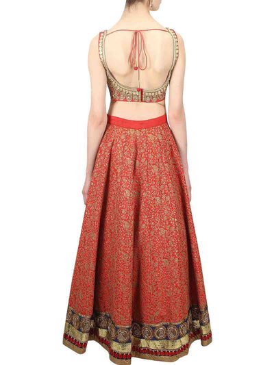 Red Embroidered Art Silk Semi Stitched Lehenga With Unstitched Blouse