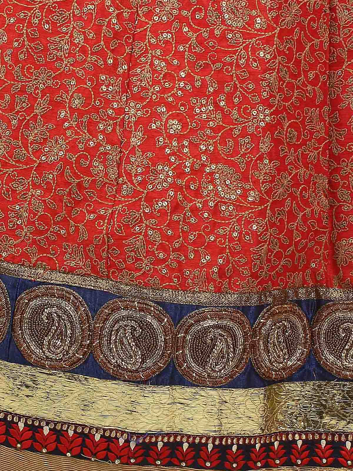 Red Embroidered Art Silk Semi Stitched Lehenga With Unstitched Blouse