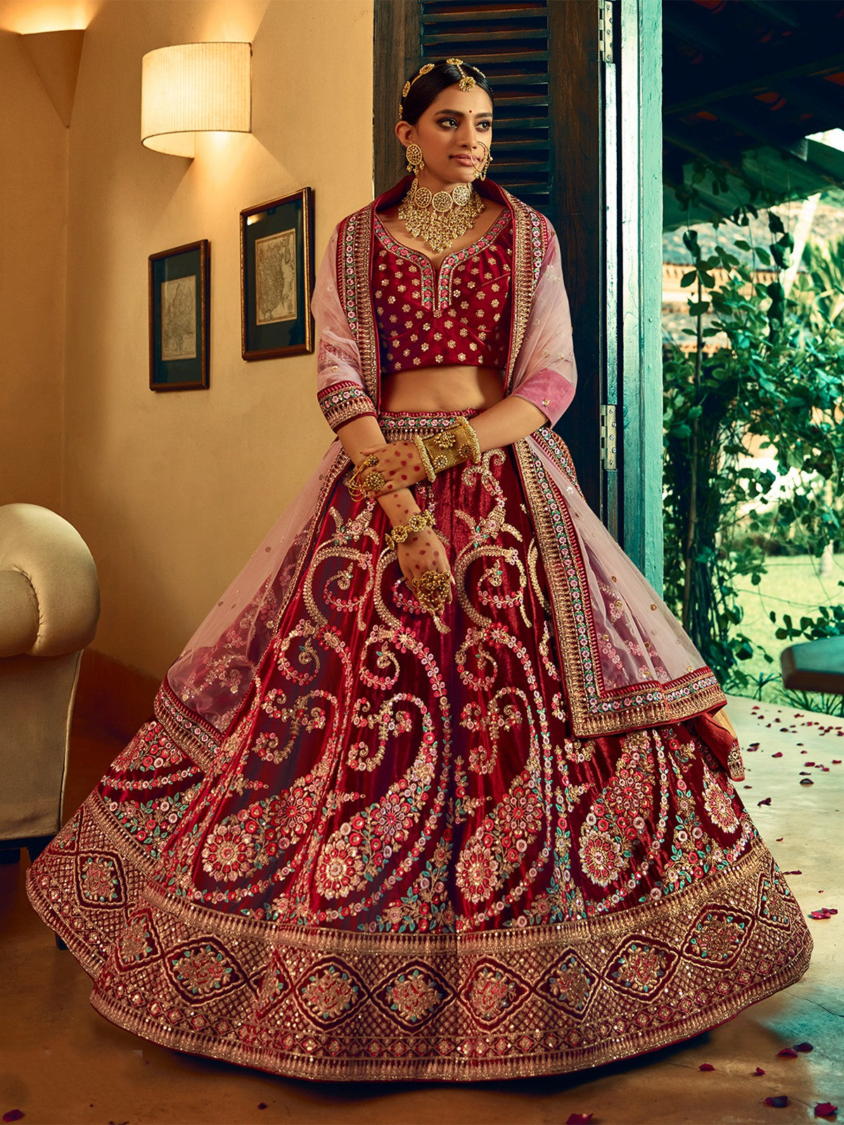 Odette Women Fancy Maroon  Semi Stitched Lehenga With  Unstitched Blouse