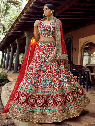 Multicolor Embroidered Art Silk Semi Stitched Lehenga With Unstitched Blouse
