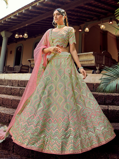 Green Embroidered Organza Semi Stitched Lehenga With Unstitched Blouse