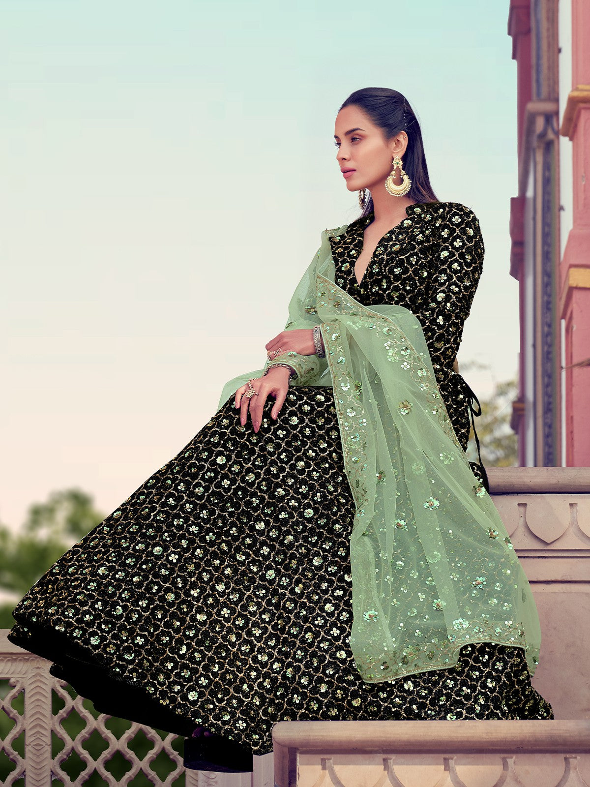 Buy Dazzling Black & Green Banglori Silk With Embroidered Work Online  Lehenga Choli Design | Lehenga-Saree