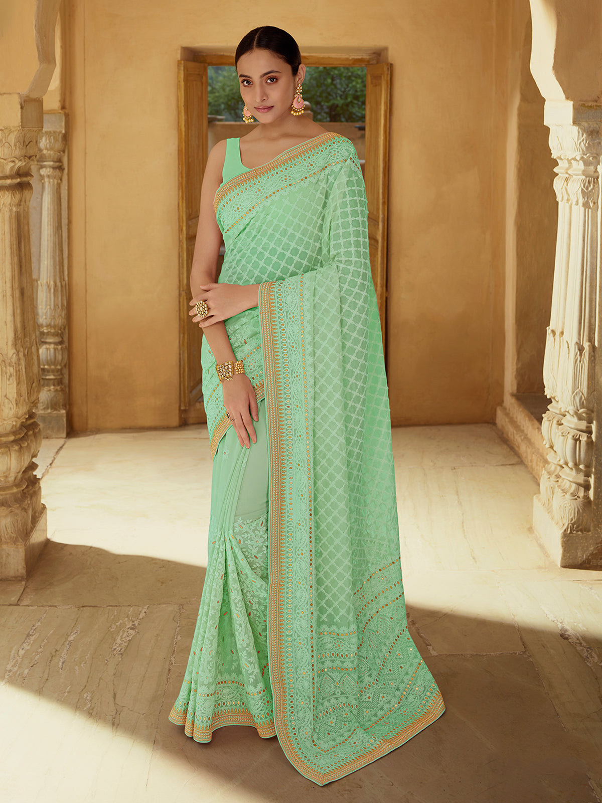 Sea Green Georgette Saree With Unstitched Blouse