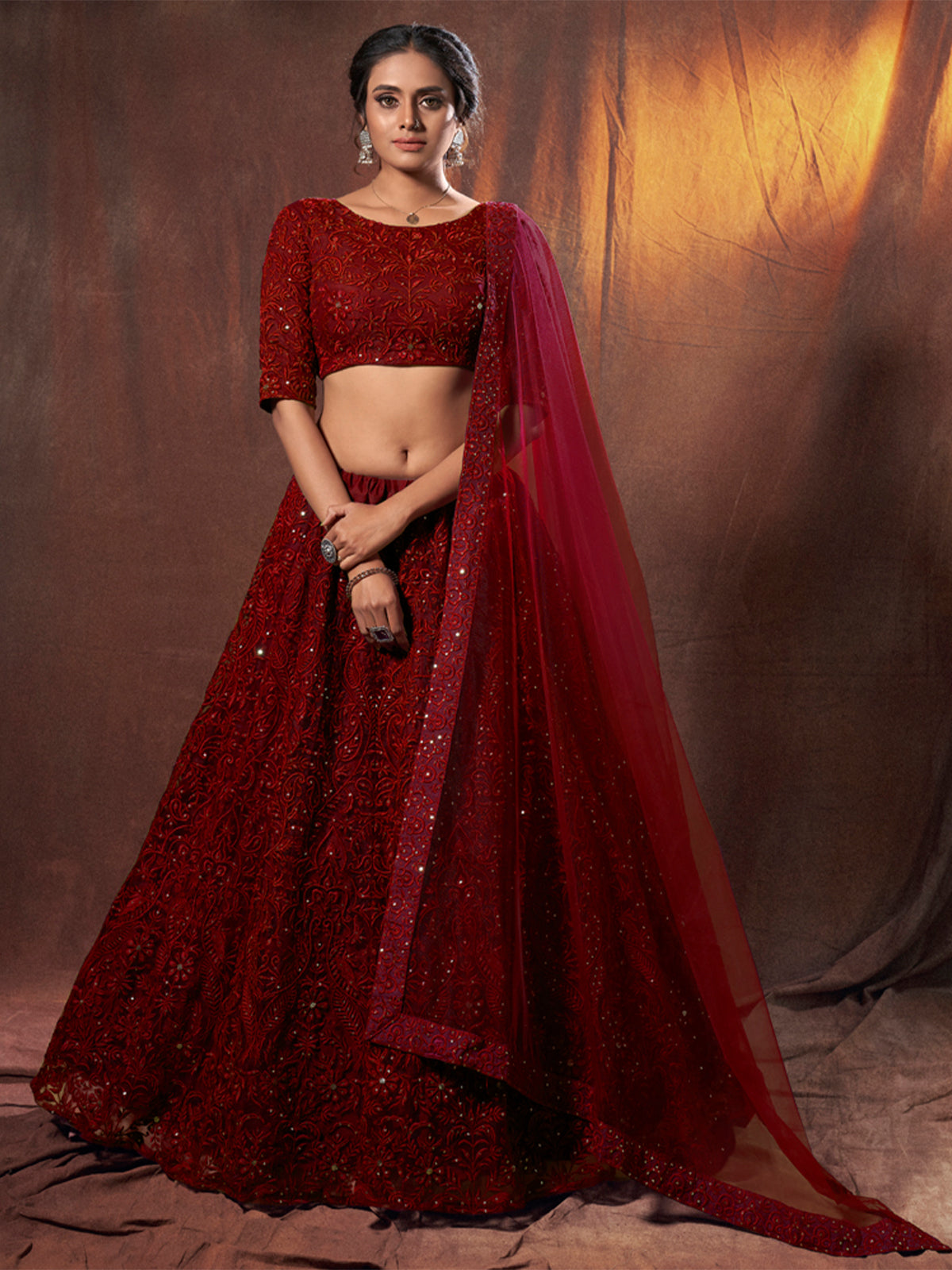 Maroon Sequins, Thread Semi Stitched Lehenga With Unstitched Blouse