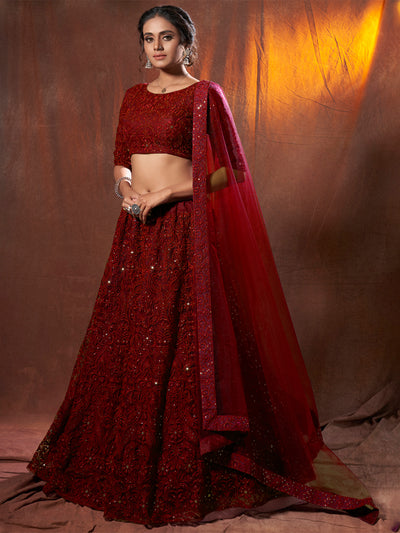 Maroon Sequins, Thread Semi Stitched Lehenga With Unstitched Blouse