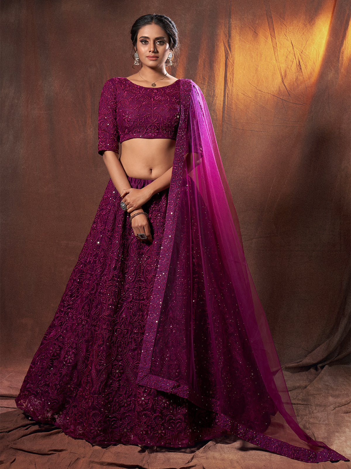 Purple Sequins, Thread Semi Stitched Lehenga With Unstitched Blouse