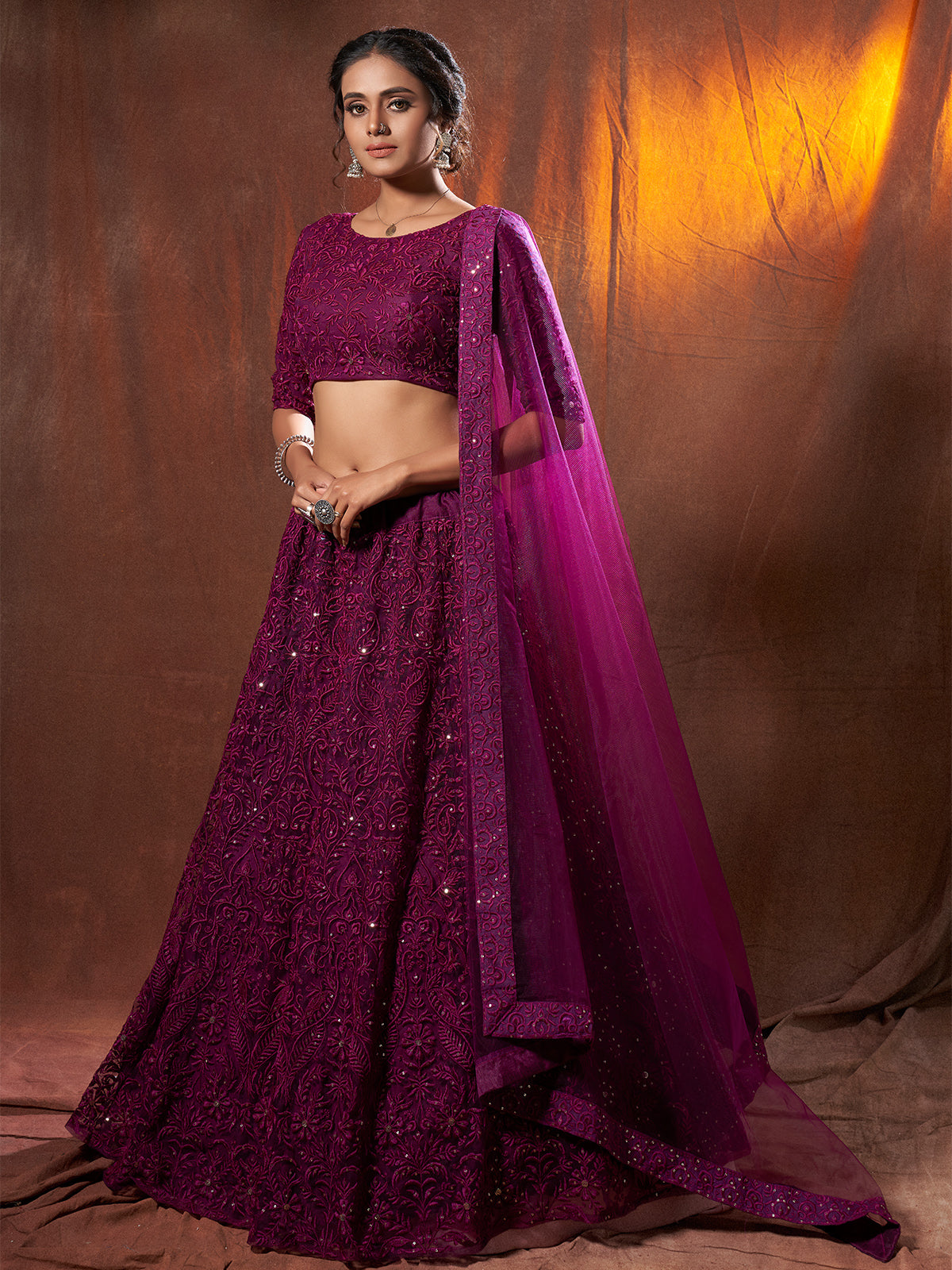 Purple Sequins, Thread Semi Stitched Lehenga With Unstitched Blouse