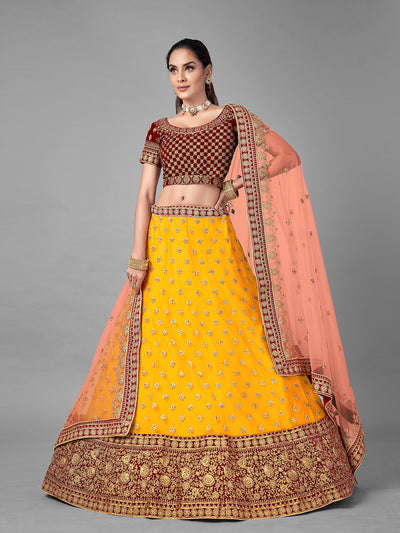 Mustard Embroidered Velvet Semi Stitched Lehenga With Unstitched Blouse