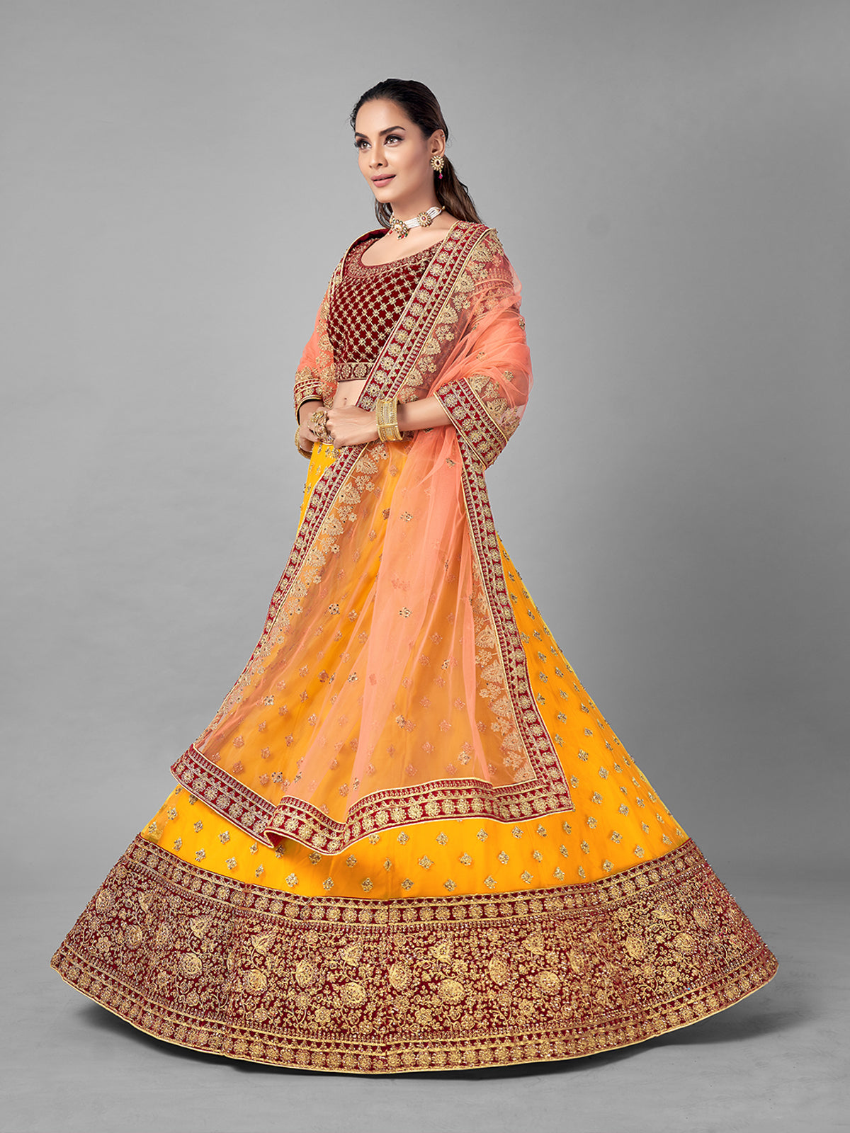 Mustard Embroidered Velvet Semi Stitched Lehenga With Unstitched Blouse