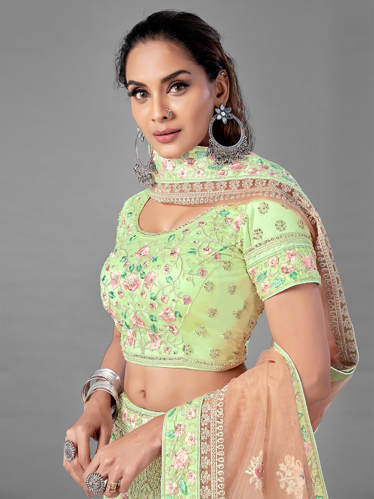 Green Soft Net Embroidered Semi Stitched Lehenga With Unstitched Blouse