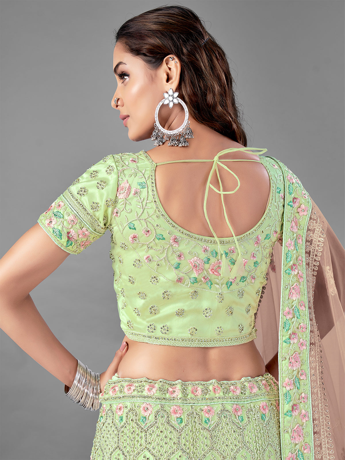 Green Soft Net Embroidered Semi Stitched Lehenga With Unstitched Blouse
