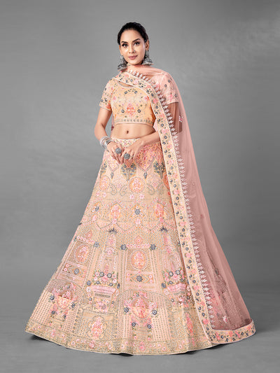 Peach Embroidered Soft Net Semi Stitched Lehenga With Unstitched Blouse